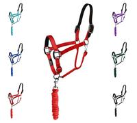 Majestic Ally Licol en cuir avec laisse assortie pour chevaux - Couronne détachée en cuir - Mentonnière réglable - Loquet de gorge roulé - Muserolle rembourrée - Full (rouge, plein)