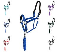 Majestic Ally Licol en cuir avec laisse assortie pour chevaux, couronne détachée en cuir, mentonnière réglable, loquet de gorge roulé, muserolle rembourrée, complet (bleu roi, taille complète)