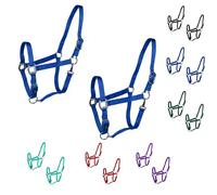 Majestic Ally Lot de 2 licol réglables pour chevaux - Menton et couronne réglables - Mousqueton cousu - Matériel robuste finition or rose ou nickel noir - complet (bleu roi, complet)