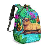 Majestic Capybara avec lunettes de soleil sur feuille de lotus par Majestic Waterfall & Colibri 40,6 cm Vivid 3D Impression graphique 3D Sac à dos pour enfants Sac à dos pour école Jungle Tropical