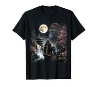 Majestic Gorilla Under Full Moon Japonais Sakura Waterfall T-Shirt Graphique avec Valeur