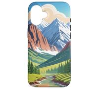 Majestic Mountain Valley Art Snowy Peaks Pine Tree Stream Coque pour iPhone 16