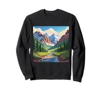 Majestic Mountain Valley Art Snowy Peaks Pine Tree Stream Sweatshirt