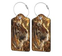 Majestic Tiger in The Golden Sunlight Lot de 2 étiquettes de bagage en cuir avec rabat d'intimité et boucle en métal pour homme et femme