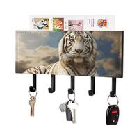 Majestic Tiger reposant sur un rocher avec un porte-clés nuageux - Support mural adhésif noir avec 5 crochets - Sans perçage - Organisateur de porte-clés pour salon, porte d'entrée, couloir, bureau