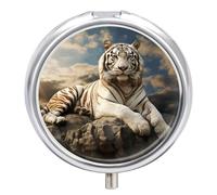 Majestic Tiger se reposant sur un rocher avec nuageux - Pilulier à 3 compartiments - Petit pilulier personnalisé avec miroir - Pilulier portable pour poche ou sac à main - Cadeau de voyage