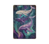 Majestic Trio of Whales in Enchanted Ocean Depths Décoration murale en métal pour maison et grotte 30,5 x 20,3 cm Plat 2D