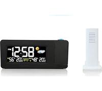 Majestic WT 249 - Réveil et station barométrique avec capteur externe sans fil, projection de l'heure murale, affichage avec heure, icônes météo, température et humidité, noir