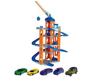 Majorette 212059987 Garage 5 étages avec Ascenseur et 5 Voitures en métal, avec Grue et Atelier, Zone de Lavage 53 x 75 cm