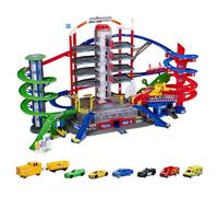 Majorette - Super City Garage - Train Motorisé - 7 Niveaux de Jeu avec 2 Ascenseurs Automatisés - Pompier + Police + Héliport - 35 Places de Parking - 6 Véhicules Inclus - 212059989