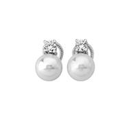 MAJORICA Boucles d'oreilles à fermeture Omega pour femme avec un design classique et élégant, perle 10 mm et zircon, boucles d'oreilles vous et moi en argent rhodié, bijoux fins pour le quotidien