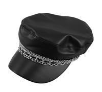 MAJORMENCH Casquette de Marin en Cuir PU Noir avec Double Chaîne, Calotte Plate et Visière Courte, Chapeau à Bords Courts Respirant Femme, Taille Ajustable 56-60 Cm, pour Événements