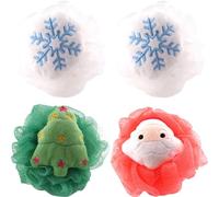 MAJORMENCH Lot de 4 Boules de Bain Exfoliantes Noël, Éponges de Luffa de Père Noël Rouge, Sapin Vert et Flocons Blancs, Exfoliant Peau, Accessoire Bain pour Nettoyage Profond et Relaxant