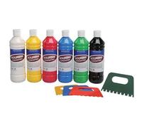 Majuscule-carton De 6 Flacons De 500ml De Gouache Concentrée + 4 Peignes À Effet. Coloris : Jaune, Magenta, Cyan, Vert, Blanc, Noir