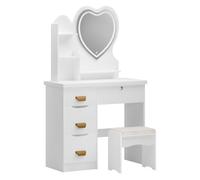 Makamsui Coiffeuse avec Miroir LED et Tabouret, Table de Maquillage avec 4 Tiroirs, Étagères Ouvertes, Luminosité Réglable, Miroir en Forme de Cœur, pour Chambre, Maquillage, Coin Beauté Blanc