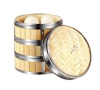 Makamsui Panier vapeur en bambou avec anneau vapeur, 3 niveaux en acier inoxydable, panier vapeur en bambou pour la cuisson des petits pains Bao, Dim Sum, panier vapeur chinois en bambou 26 cm