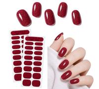 Makartt Lot de 32 films à ongles semi-cured - Durcissement UV - Ongles en gel à coller - Longue durée jusqu'à 14 jours - Outil de presse double extrémité et lime à ongles - Rouge foncé pailleté