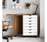 Makastle Armoire Roulante avec Plateau de Table Pliable, Caisson de Bureau Mobile avec 7 Tiroirs pour Chambre à Coucher, Salon, 105.5x39x74.5 cm Marron Miel et Blanc Bois Pin