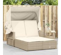 Makastle Chaise Longue Double, Bain de Soleil 2 Places avec auvent et Coussins, Transat de Plage Jardin Exterieur Sun Lounger, 110 x 180/201 x 149 cm Beige Poly rotin