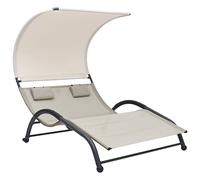 Makastle Chaise Longue Double, Bain de Soleil 2 Places avec auvent, Transat de Plage Jardin Exterieur Sun Lounger, 190 x 137 x 158 cm textilène crème