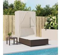 Makastle Chaise Longue Double, Bain de Soleil 2 Places avec Coussins, Toit et Rideaux, Dossier réglable, Transat de Plage Jardin Exterieur Sun Lounger, Marron résine tressée