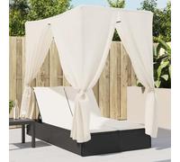 Makastle Chaise Longue Double, Bain de Soleil 2 Places avec Coussins, Toit et Rideaux, Transat de Plage Jardin Exterieur Sun Lounger, 200 x 110 x 37/54/68,5/81 cm Noir résine tressée