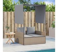 Makastle Chaise Longue Double, Bain de Soleil 2 Places avec Toit et Rideaux, Transat de Plage Jardin Exterieur Sun Lounger, 118 x 110 x 187 cm Beige résine tressée