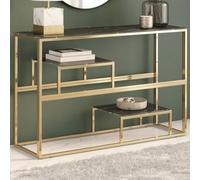 Makastle Console Meuble, Table Console Table d'appoint avec Étagères, Meuble de Rangement pour Entrée ou Salon, doré Acier Inoxydable et Verre trempé