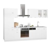 Makastle Ensemble de 8 Meubles de Cuisine Blanc en Bois d'Ingénierie avec Armoire Réfrigérée, Armoires Suspendues et Vitrine, 60 x 57 x 207 cm