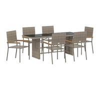Makastle Ensemble de Salle à Manger de Jardin 7 Pièces avec 6 Chaises, Table à Manger avec Plateau en Verre pour Patio Terrasse, Gris 190 x 80 x 75 cm Poly Rattan