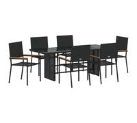 Makastle Ensemble de Salle à Manger de Jardin 7 Pièces avec 6 Chaises, Table à Manger avec Plateau en Verre pour Patio Terrasse, Noir 190 x 80 x 75 cm Poly Rattan