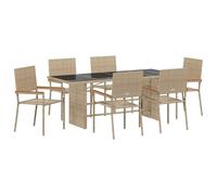Makastle Ensemble de Salle à Manger de Jardin 7 Pièces avec 6 Chaises, Table à Manger avec Plateau en Verre pour Patio Terrasse, Beige 190 x 80 x 75 cm Poly Rattan