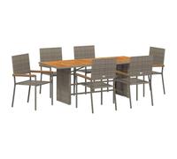 Makastle Ensemble de Salle à Manger de Jardin 7 Pièces avec 6 Chaises, Table à Manger avec Plateau en Bois pour Patio Terrasse, Gris 190 x 80 x 75 cm Poly Rattan
