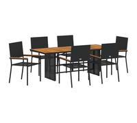 Makastle Ensemble de Salle à Manger de Jardin 7 Pièces avec 6 Chaises, Table à Manger avec Plateau en Bois pour Patio Terrasse, Noir et Marron 190 x 80 x 75 cm Poly Rattan