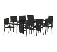Makastle Ensemble de Salle à Manger de Jardin 9 Pièces avec 8 Chaises, Table à Manger avec Plateau en Verre pour Patio Terrasse, Noir 190 x 80 x 75 cm Poly Rattan