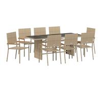 Makastle Ensemble de Salle à Manger de Jardin 9 Pièces avec 8 Chaises, Table à Manger avec Plateau en Verre pour Patio Terrasse, Beige 190 x 80 x 75 cm Poly Rattan