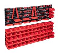 Makastle Kit de Bacs de Stockage et Panneaux Muraux 141 pcs, Boîte d'Empilage Système de d'organisation d'Outils Garage, Rouge et Noir350x382x18 mm Plastique