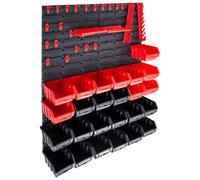 Makastle Kit de Bacs de Stockage et Panneaux Muraux 29 pcs, Boîte d'Empilage Système de d'organisation d'Outils Garage, Rouge et Noir350x382x18 mm Plastique