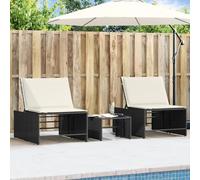 Makastle Lot de 2 Bains de Soleil avec Table d'appoint et Coussins, Dossier réglable, Chaises Longues de Jardin Exterieur, Fauteuil Relax pour Terrasse, Noir résine tressée