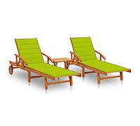Makastle Lot de 2 Chaises Longues avec Table et Coussins, Bains de Soleil, Transat Pliable en Bois, Résistante aux intempéries et Peu encombrante, Acacia Solide