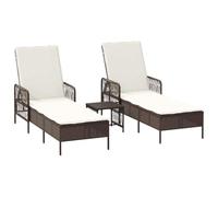 Makastle Lot de 3 Bain de Soleil avec Table, Coussin et Dossier réglable, Chaises Longues Jardin Exterieur, Résine Imitation rotin tressé, 157 x 55 x 92 cm