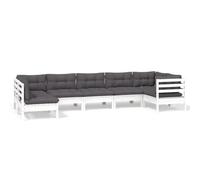 Makastle Salon de Jardin 7 Pièces avec Coussins Anthracite, Blanc, 63,5 x 63,5 x 62,5 cm, 98,54 kg, en Bois de Pin Massif, Assemblage Requis