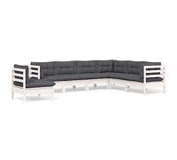 Makastle Salon de Jardin 7 Pièces Blanc avec Coussins Anthracite en Bois de Pin Massif, 63,5 x 63,5 x 62,5 cm, 98,54 kg, Assemblage Requis