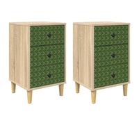 Makastle Table de Chevet Lot de 2, 36x33x60 cm, Chêne Sonoma avec Impression Géométrique Émeraude, Bois d'Ingénierie, 3 Tiroirs, Pieds Surélevés, pour Chambre