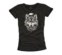 Makaya T-Shirt Femme avec Motif Loup Lune Manches Courtes Haut Loup Motif Loups Chiens Noir L