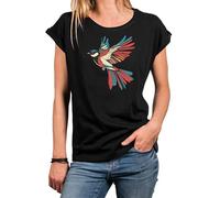 Makaya T-Shirt Femme avec Motif Oiseau Manches Courtes Top Femme Logo Oiseau Imprimé T-Shirt avec Oiseaux Noir XS