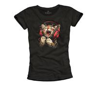 Makaya T-Shirt Femme Drôle avec Motif Chat DJ Casque Audio Tee Shirt Musique Rock Hip Hop Haut Festival Été Décontracté 100% Coton Manches Courtes Top Noir XL