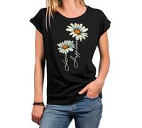 Makaya T-Shirt Femme Imprimé Fleuri Hippie Chic Fleur Marguerite Tee Shirt Message Amour Top Ete Grande Taille Noir L