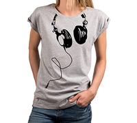 Makaya T-Shirt Femme Imprimé Motif Casque d'Écoute - Haut Musique pour Femmes Sexy Rock Tunique Gris Chiné Manches Courtes XS