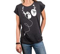 Makaya T-Shirt Femme Imprimé Motif Casque d'Écoute - Haut Musique pour Femmes Sexy Rock Tunique Gris Manches Courtes XS